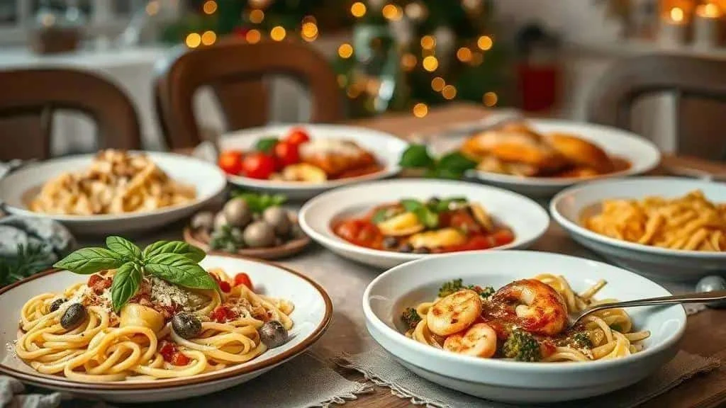 Pasta dishes on a festive table