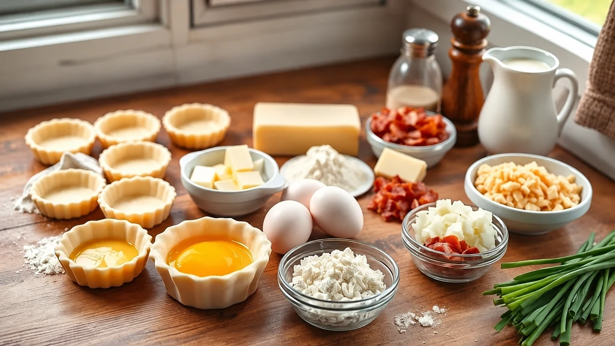Pastry, eggs and cream for mini quiche Lorraine Pastry, eggs and cream for mini quiche Lorraine