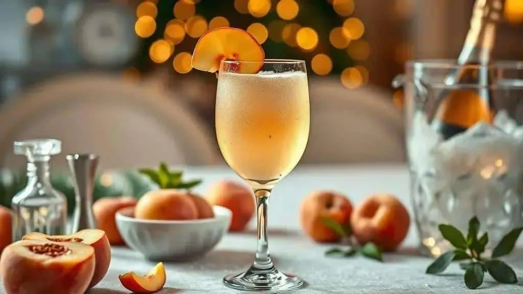 Peach bellini with a peach slice garnish Peach bellini with a peach slice garnish