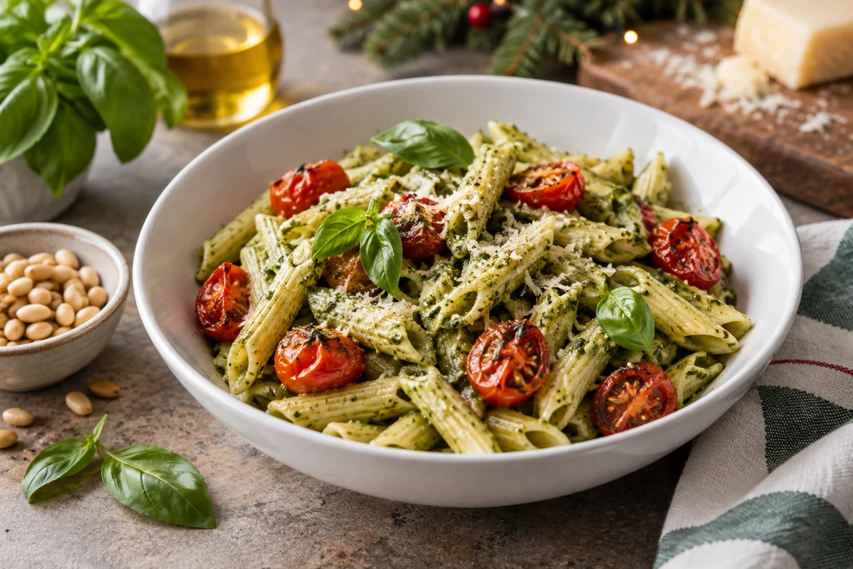 Penne with pesto and roasted tomatoes