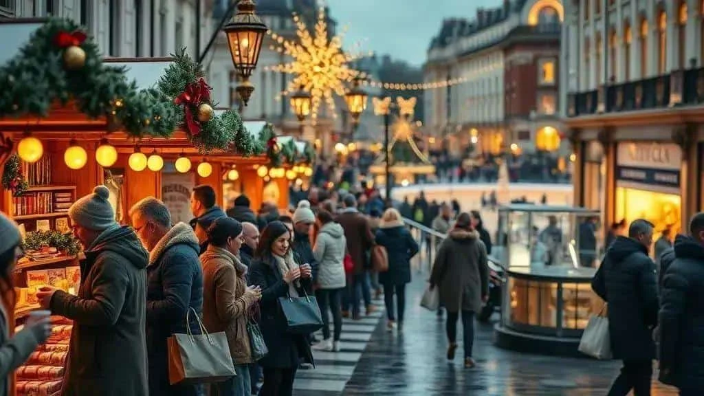 People browsing festive stalls on a winter evening