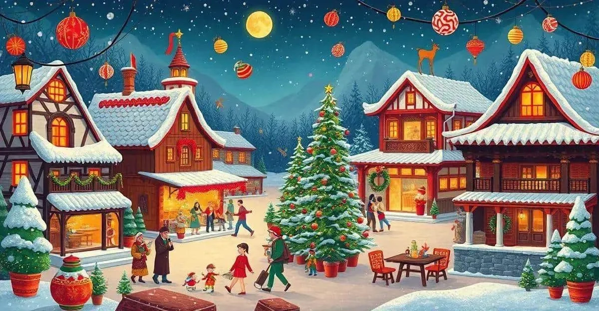 People visiting a snowy Christmas village
