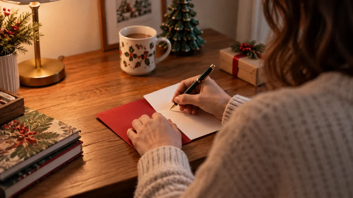 Person writing a Christmas card at a desk