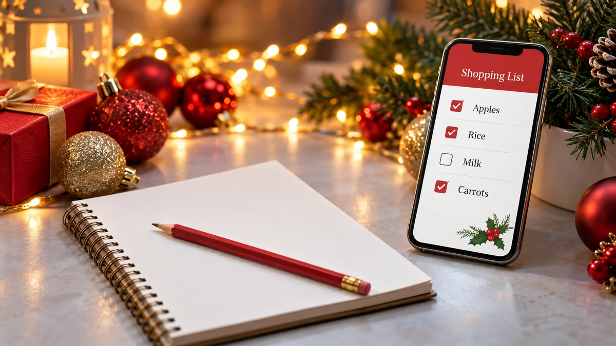 Phone and notebook arranged for festive shopping planning