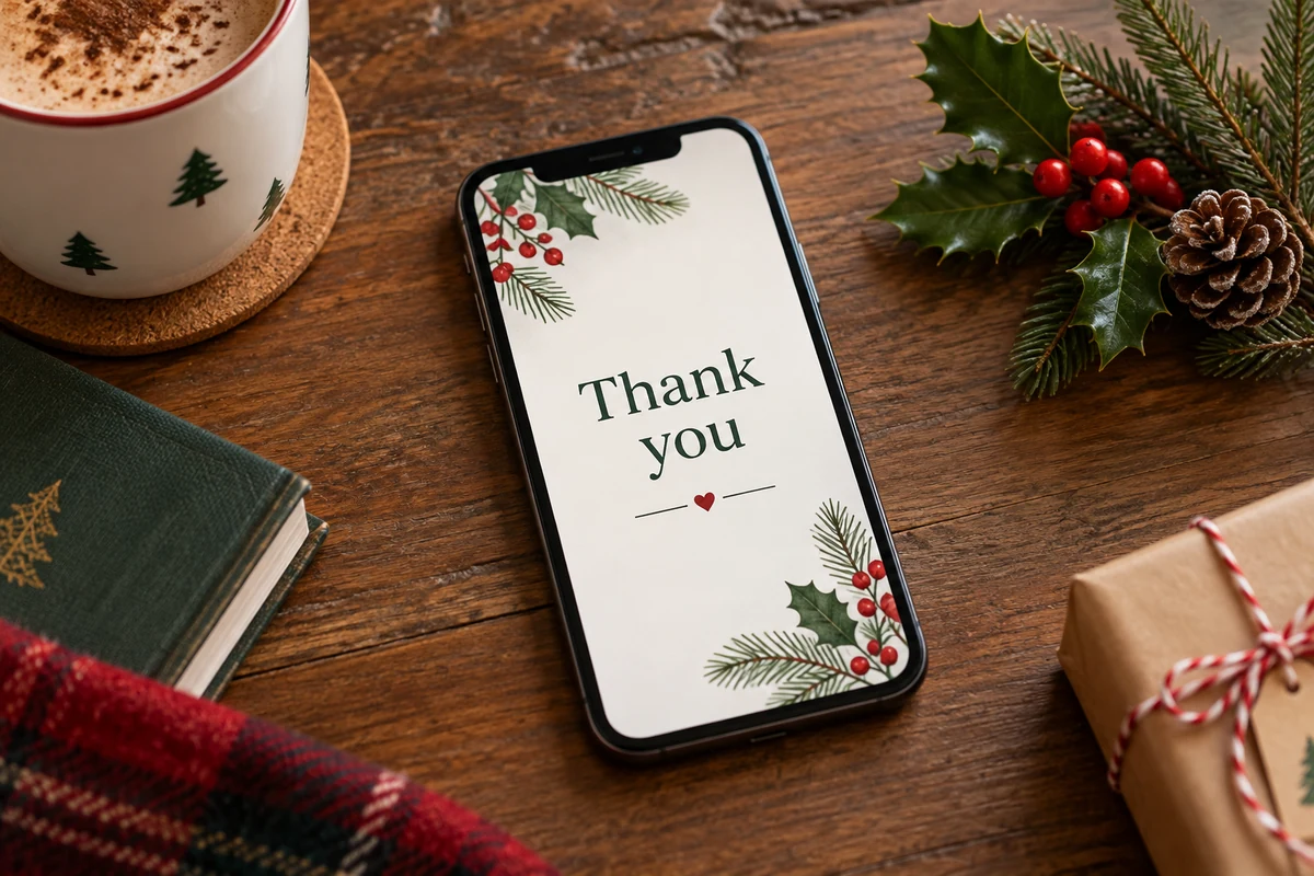 Phone displaying Thank you beside a mug and gift Phone displaying Thank you beside a mug and gift