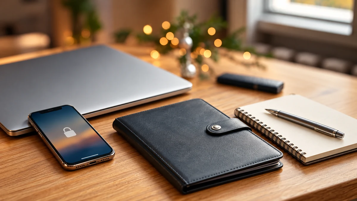 Phone lock screen beside a secure travel document wallet