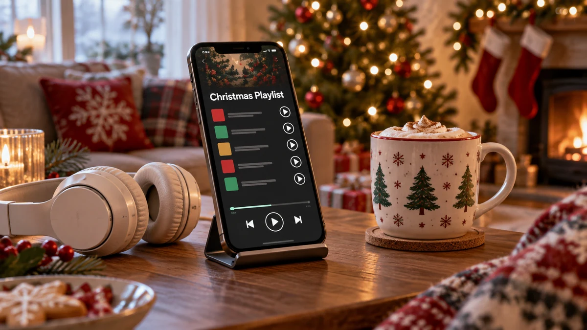Phone showing a Christmas playlist beside headphones