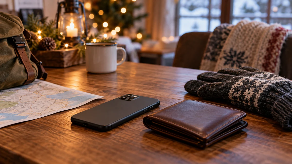Phone, wallet and gloves prepared for a winter outing