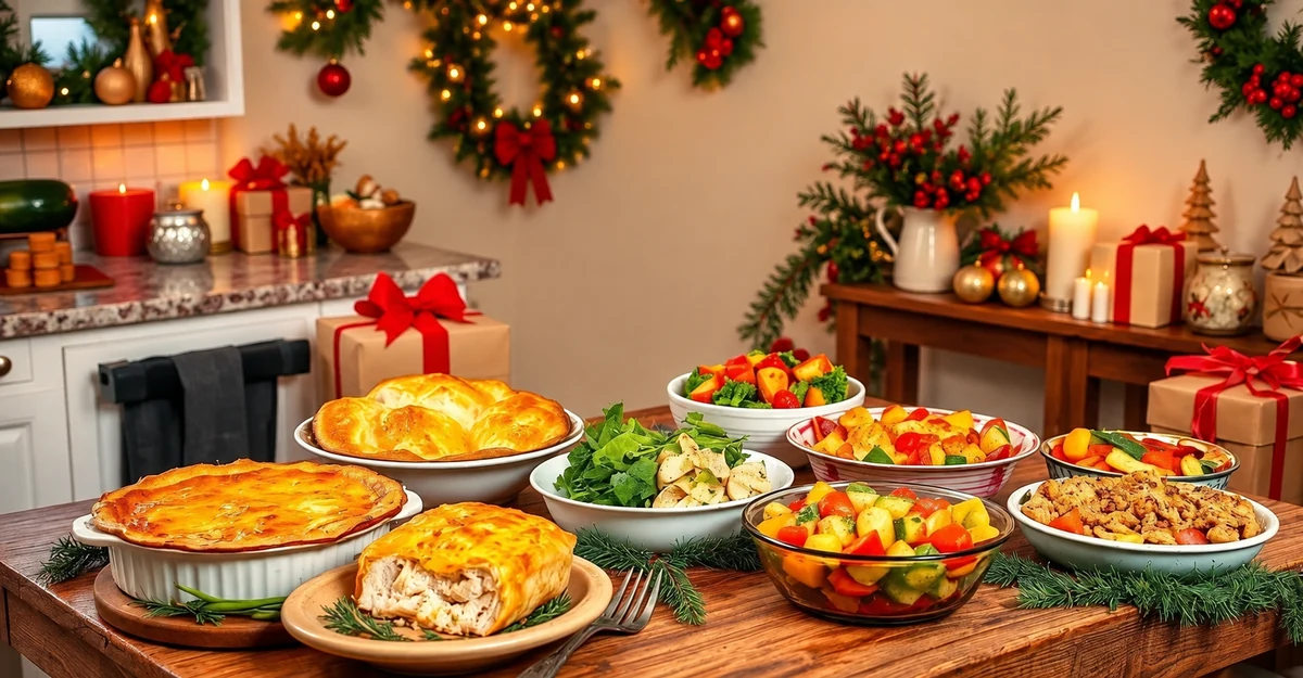 Pies and vegetable dishes in a festive kitchen Pies and vegetable dishes in a festive kitchen