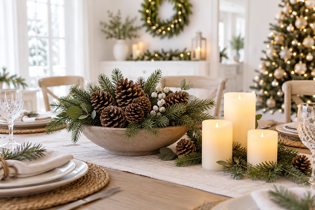 Pine cone table arrangement with flameless LED candles Pine cone table arrangement with flameless LED candles
