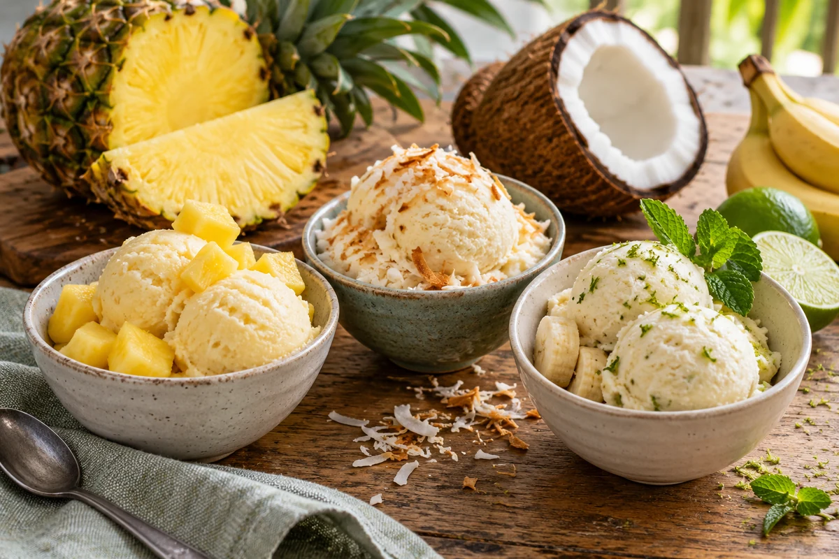 Pineapple and coconut frozen dessert in small bowls