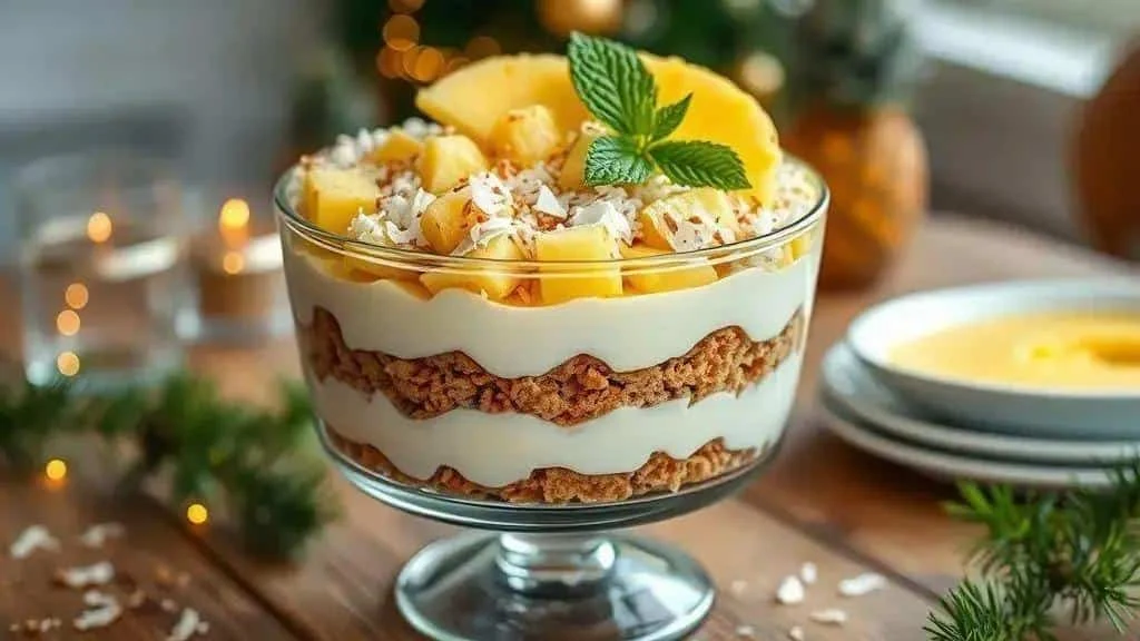 Pineapple and coconut pave in a glass serving bowl