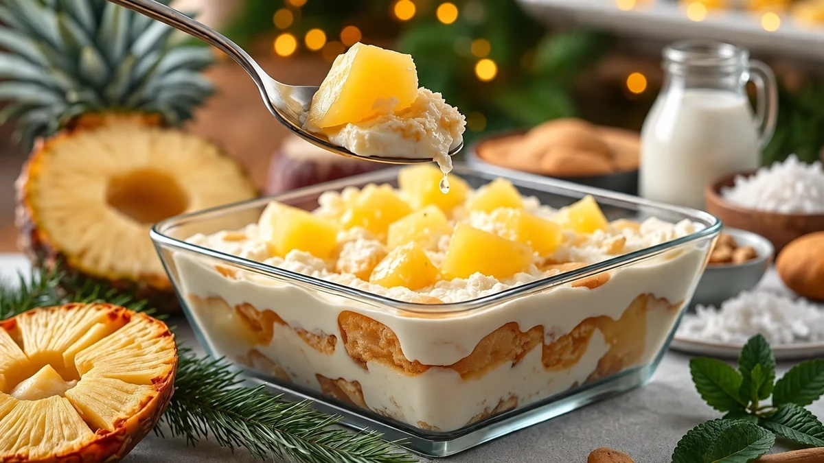 Pineapple and coconut pave with a spoonful of fruit and cream