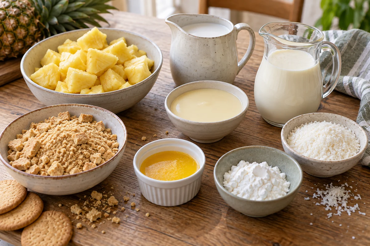 Pineapple and coconut pave with ingredients in plain bowls Pineapple and coconut pave with ingredients in plain bowls