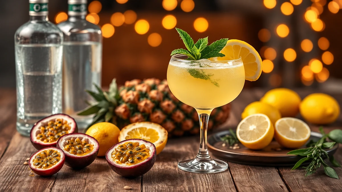 Pineapple and passion fruit gin cocktail with mint