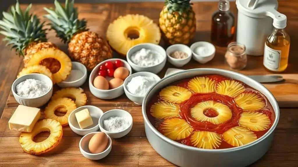 Pineapple cake ingredients with tinned pineapple rings
