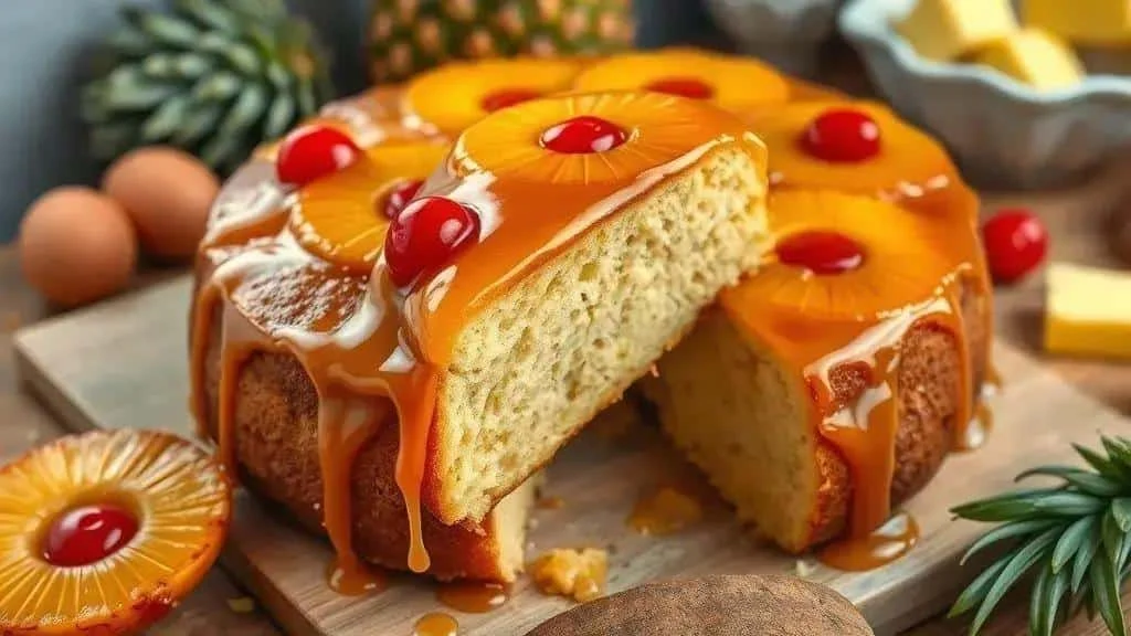 Pineapple cake topped with caramel and cherries