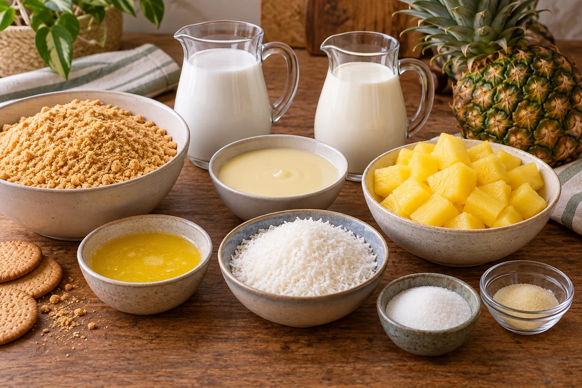 Pineapple, coconut and biscuit ingredients for a no-bake cream tart