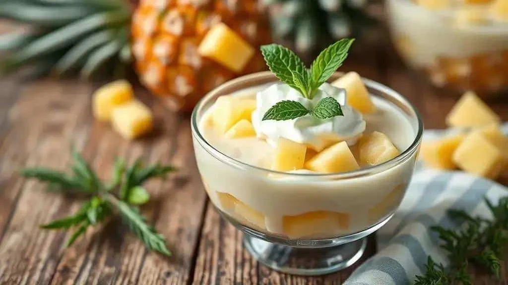 Pineapple cream dessert in a glass bowl with pineapple and mint