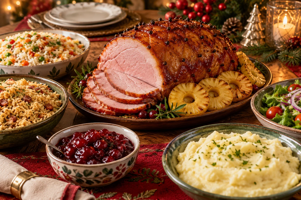 Pineapple ham with rice, farofa and festive side dishes