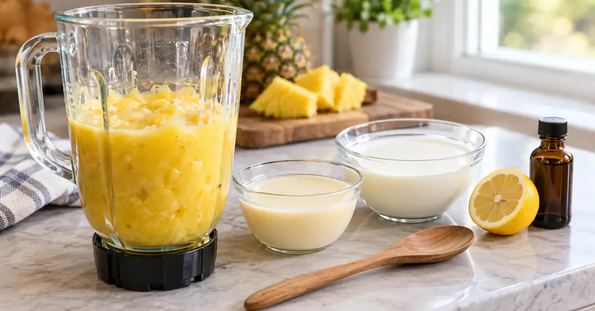 Pineapple puree in a blender beside cream and flavourings