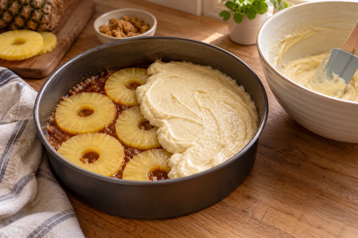 Pineapple rings and cake batter in a round baking tin