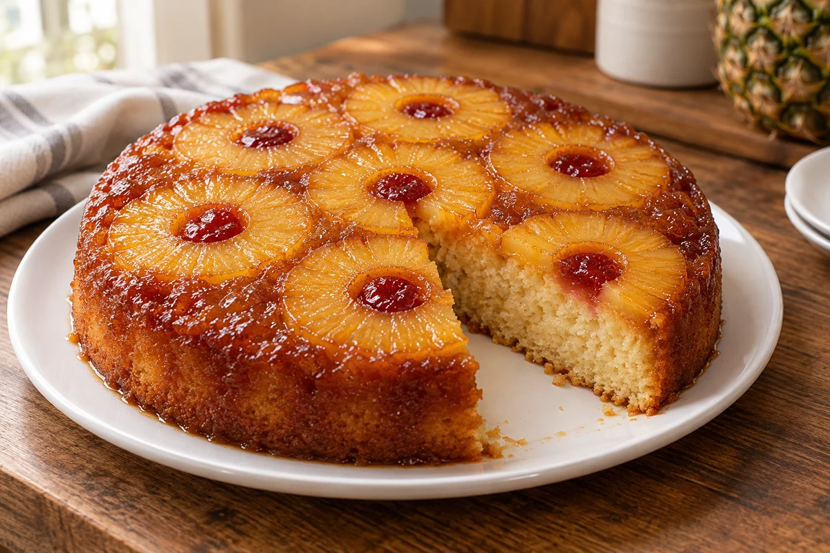 Pineapple upside-down cake with a slice of golden sponge