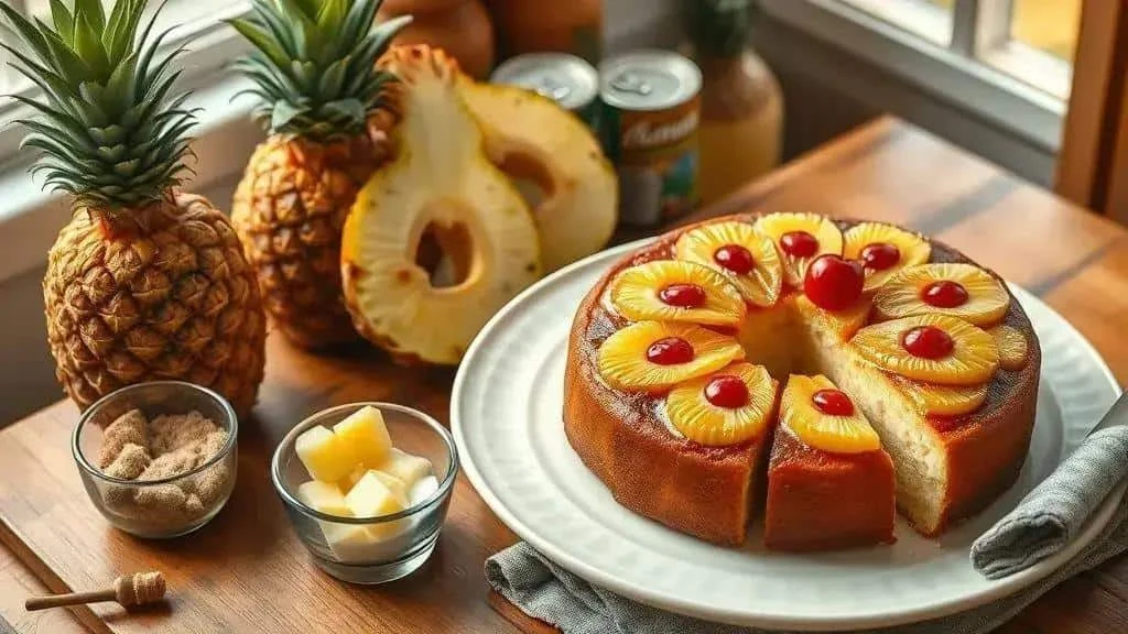 Pineapple upside-down cake with a wedge removed