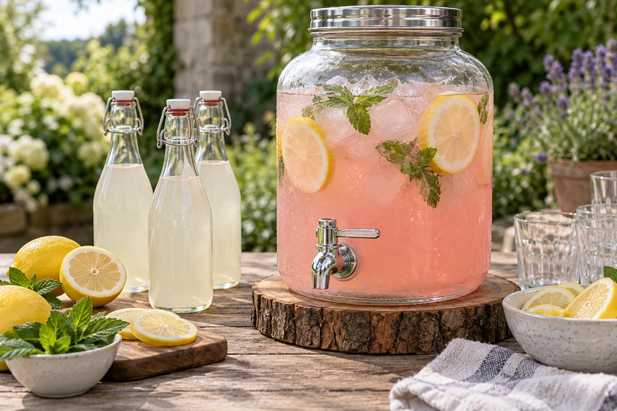 Pink lemonade in a glass dispenser and bottles Pink lemonade in a glass dispenser and bottles