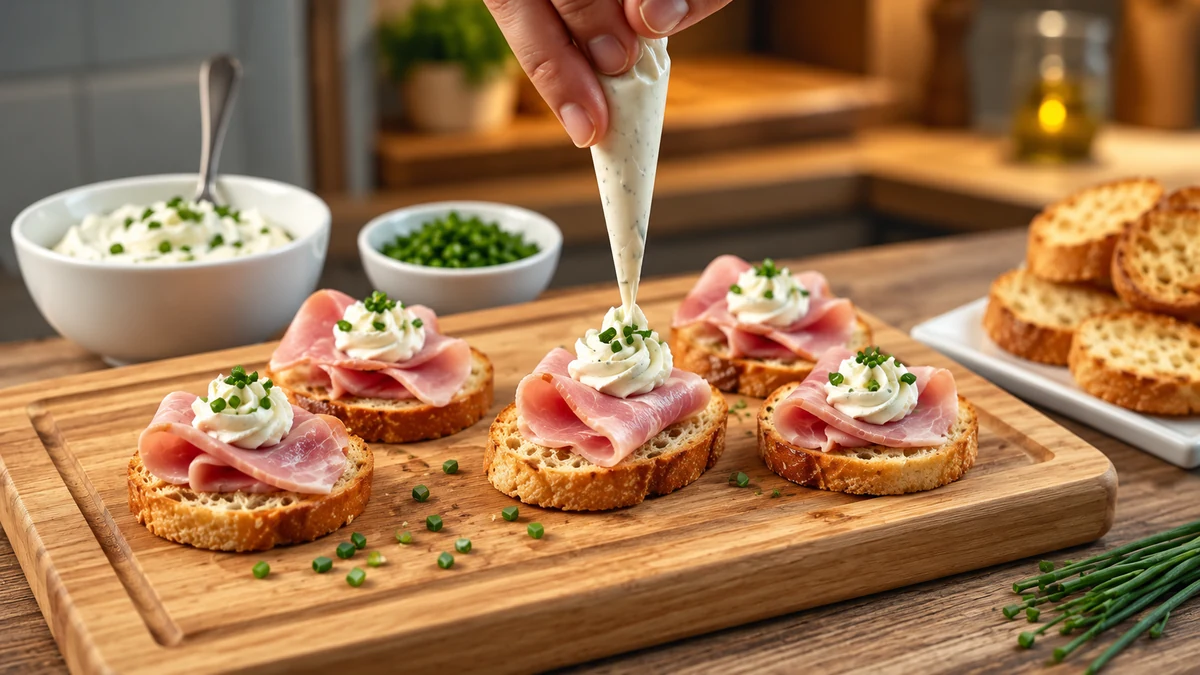 Piping cream cheese onto ham canapés