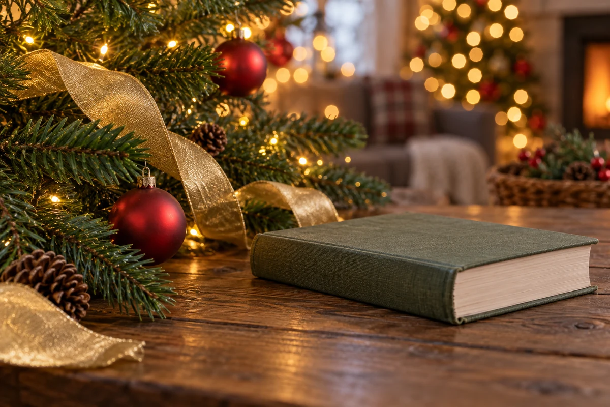 Plain book with Christmas baubles and ribbon
