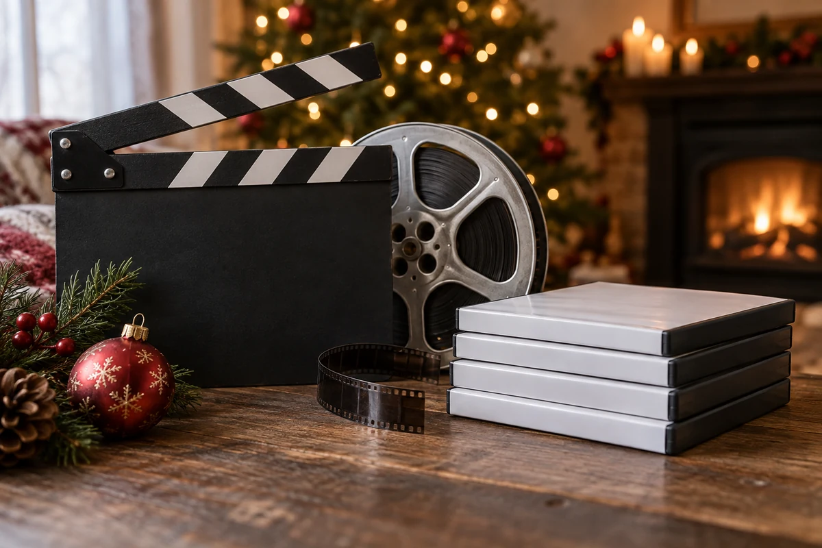 Plain clapperboard film reel and blank DVD cases Plain clapperboard film reel and blank DVD cases