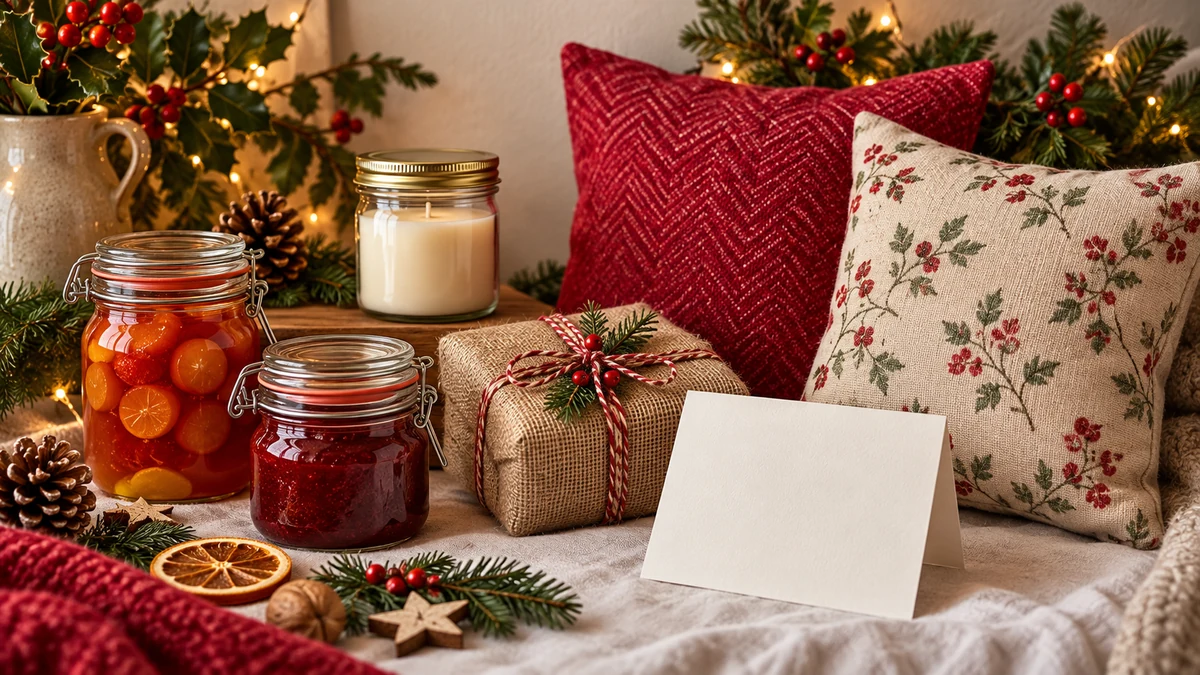 Plain food jars and small fabric gifts with a blank card