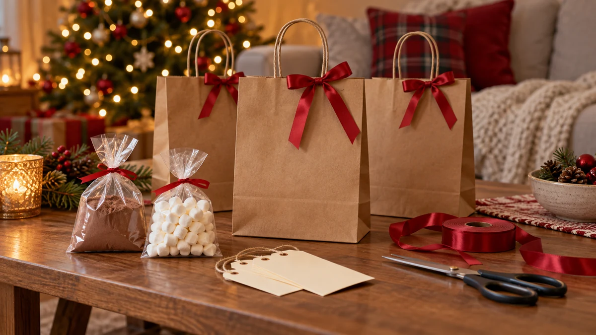 Plain gift bags and hot chocolate ingredients for Christmas keepsakes