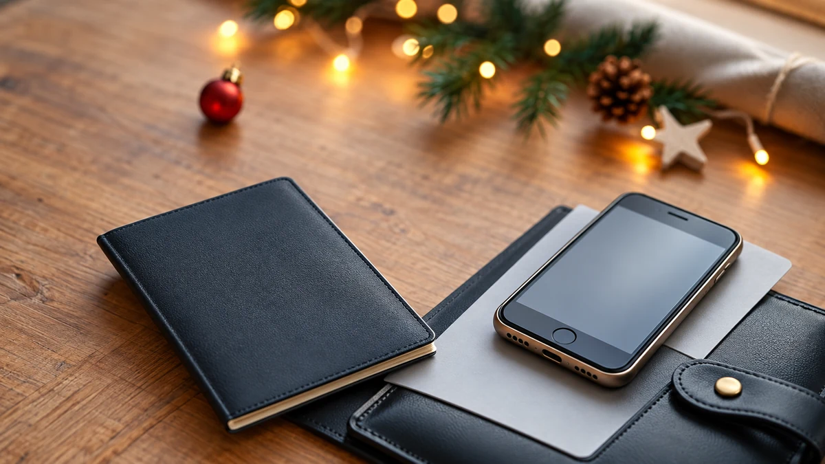 Plain travel wallet and phone prepared for a Christmas trip