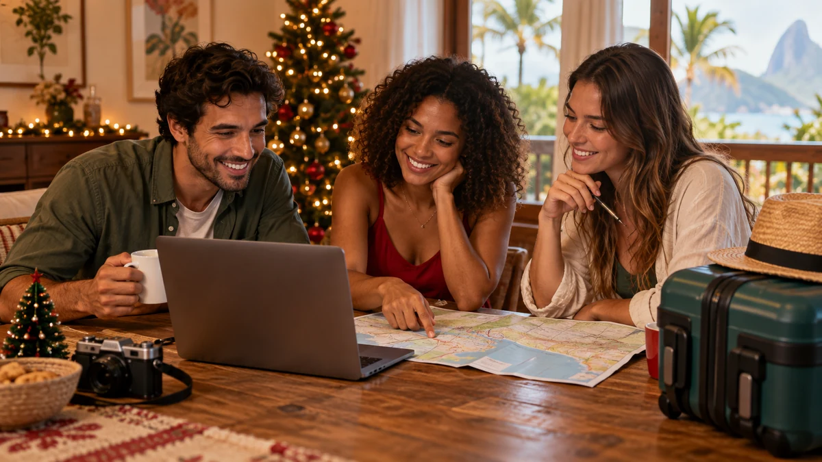 Planning a Christmas trip with a notebook and travel bag
