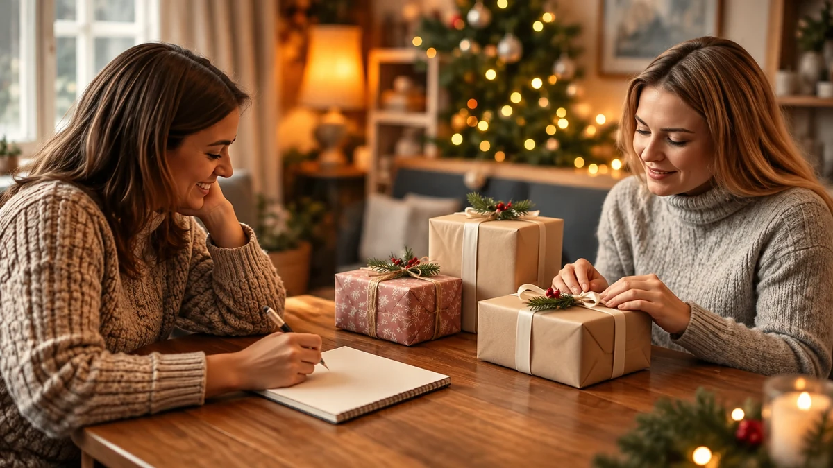 Planning a friendly Christmas gift exchange with a notebook