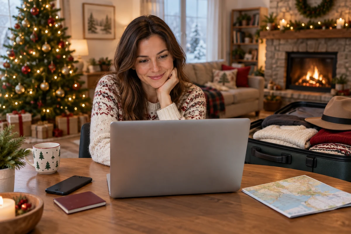 Planning Christmas travel beside a packed bag
