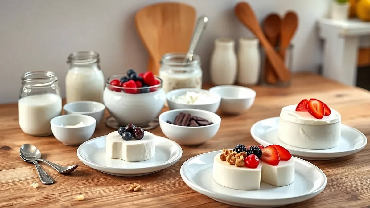 Plant-based creamy desserts with fruit and bowls of ingredients Plant-based creamy desserts with fruit and bowls of ingredients
