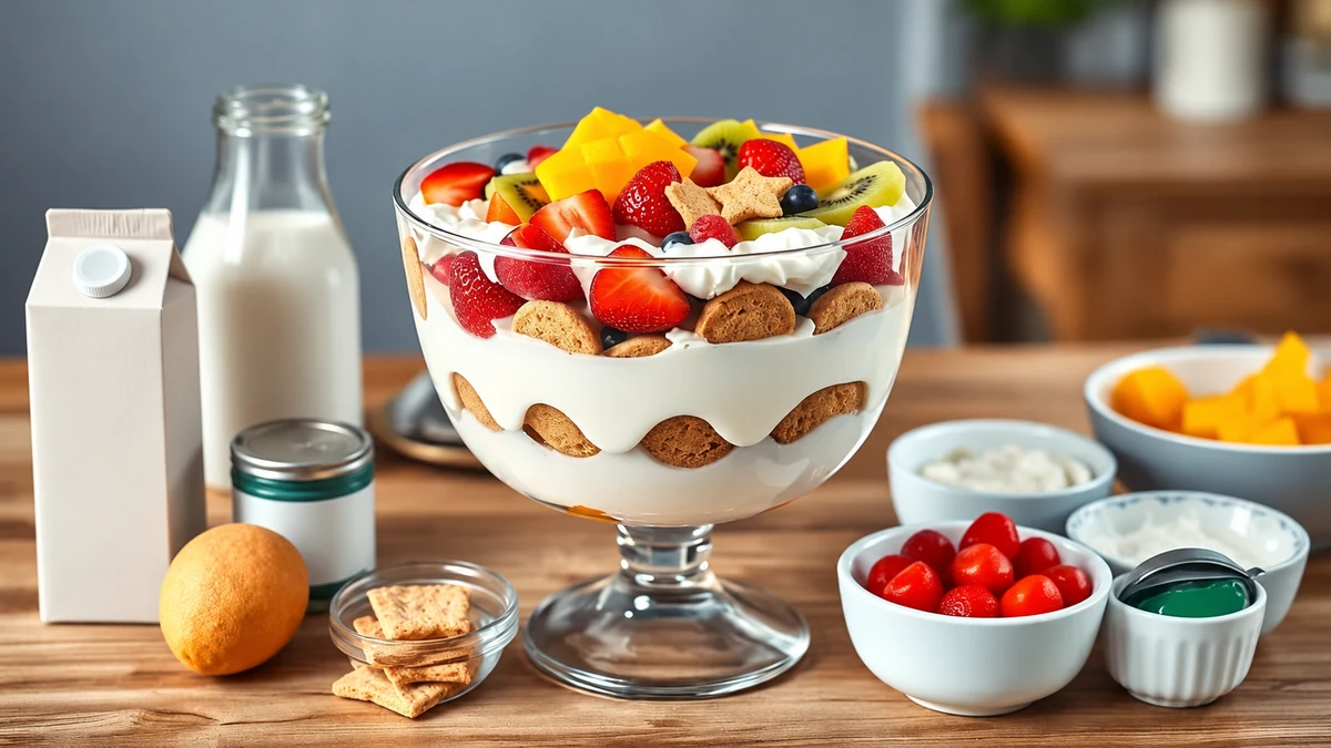 Plant-based ingredients beside a layered fruit dessert