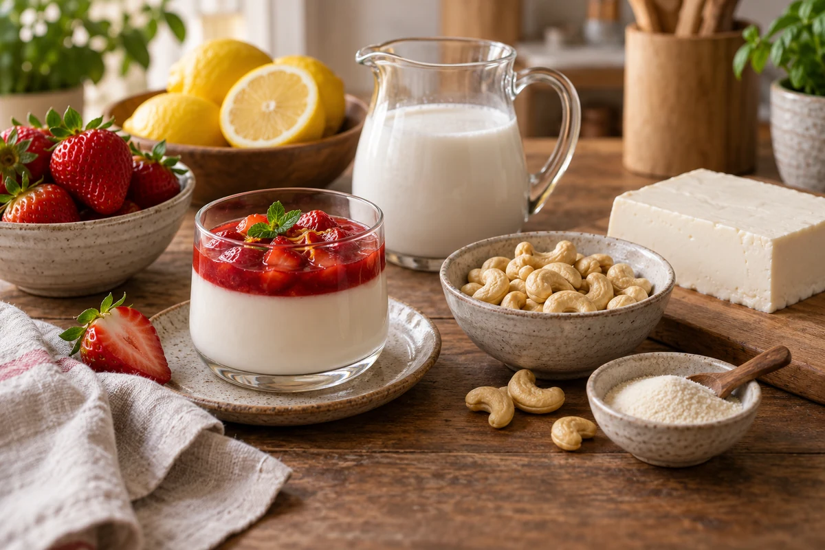 Plant-based ingredients for a lemon and strawberry dessert