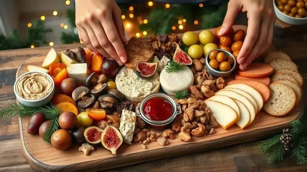 Plant-based sharing board with fruit, nuts, hummus and alternatives