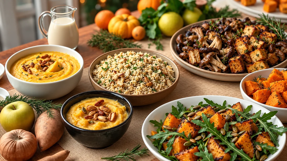 Plant-based side dishes with squash mash farofa mushrooms and tofu Plant-based side dishes with squash mash farofa mushrooms and tofu