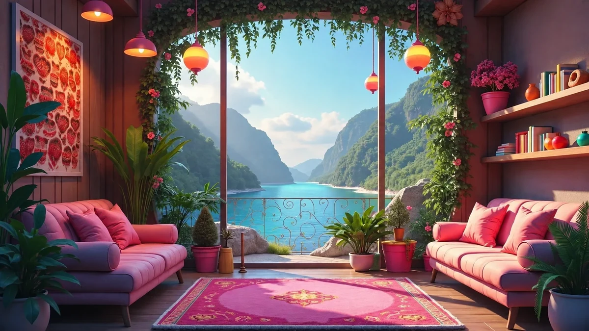 Plants and sofas in a living room with a scenic view