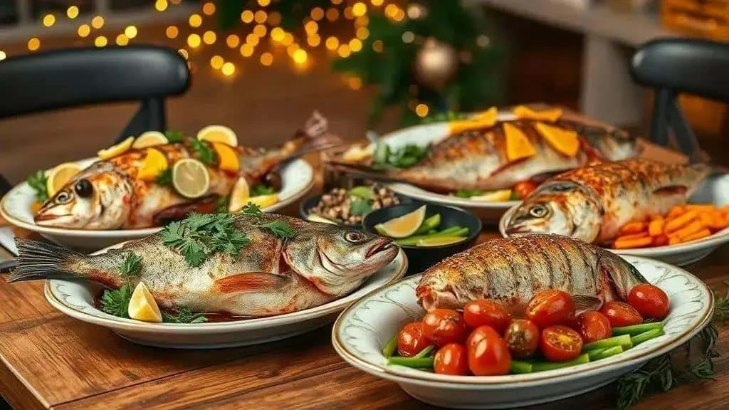 Platters of whole fish with different vegetable accompaniments