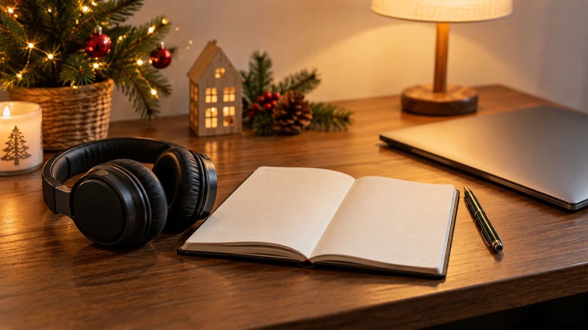 Podcast feedback notebook beside headphones