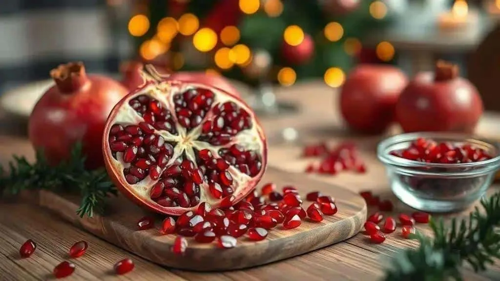 Pomegranate arils and whole fruit on a festive table