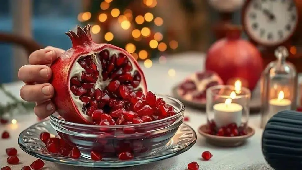 Pomegranate halves and ruby seeds in a glass bowl