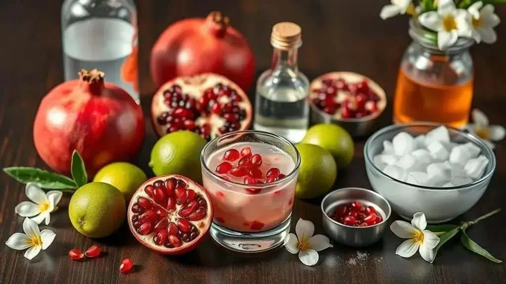 Pomegranate, lime, syrup and ice for a jasmine margarita