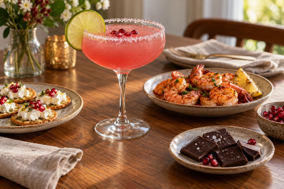 Pomegranate margarita served with cooked prawns, cheese and chocolate